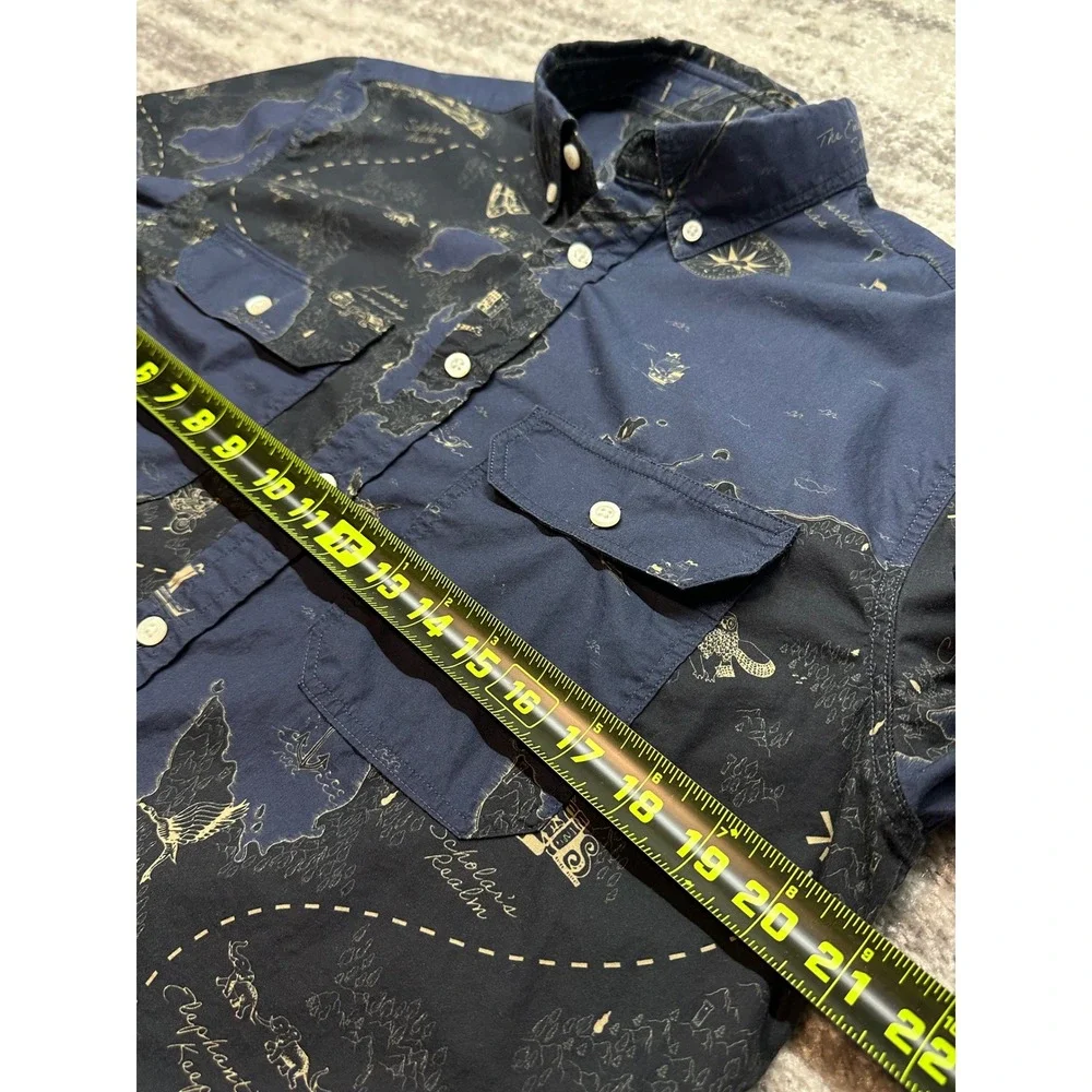 Banana Republic Button Down Mens M Blue Map Untucked Standard All Over Print